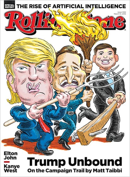 Portada de la publicación 'Rolling Stone' del 10 de marzo de 2016. Trump era entonces candidato y aparece en una caricatura junto a los también republicanos Ted Cruz y Marco Rubio.