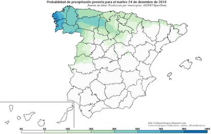 Probabilidad de precipitación prevista para el martes 24 de diciembre.