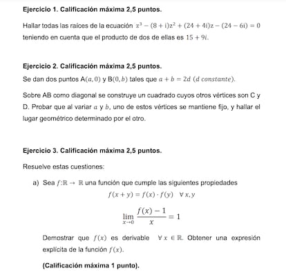 Tres de los ejercicios del examen de este año para ser profesor de matemáticas en secundaria en Madrid, en una imagen cedida.