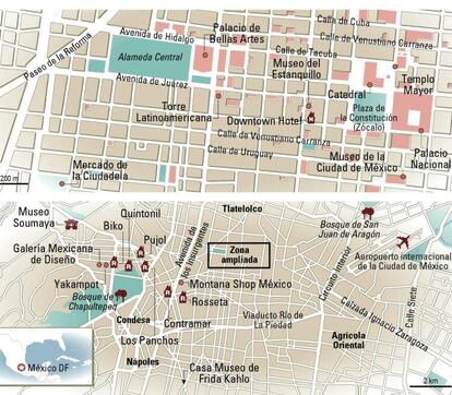 Mapa de México DF con los locales, tiendas y restaurantes localizados que mezclan moda mexicana, diseño y sabores de fusión. Once lugares donde vibra la creatividad de Ciudad de México.