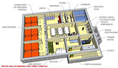 Plano de un refugio pensado para 135 personas.