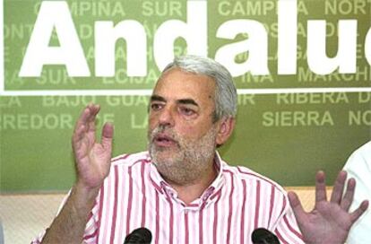 El secretario general del PA, Antonio Ortega, durante la rueda de prensa hoy en Sevilla.