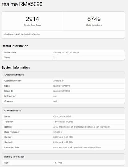 Resultados del realme GT 7 en Geekbench