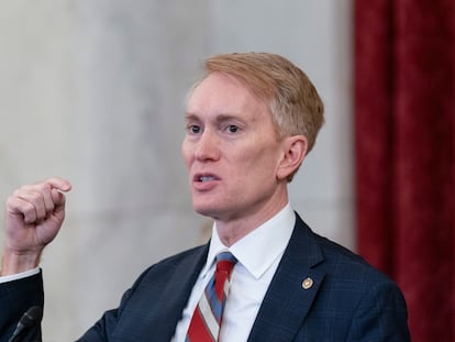 Sen. James Lankford, R-Okla., speaks to media about Israel, Wednesday, Oct. 18, 2023, on Capitol Hill in Washington.