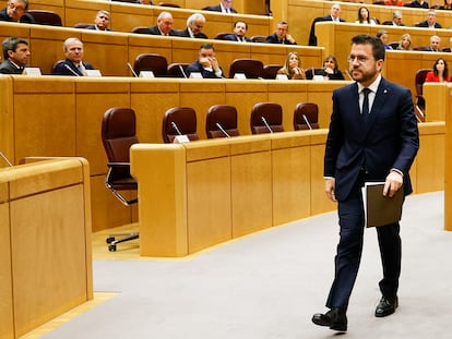 El presidente de la Generalitat de Cataluña, Pere Aragonès, este lunes en el Senado.