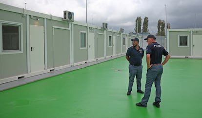 Italian police officers in the Gazadar migrant camp in Albania on 11 October. 