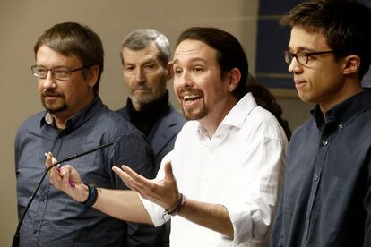 Xavi Domenech, Pablo Iglesias e Ínigo Errejón, el pasado día 22.