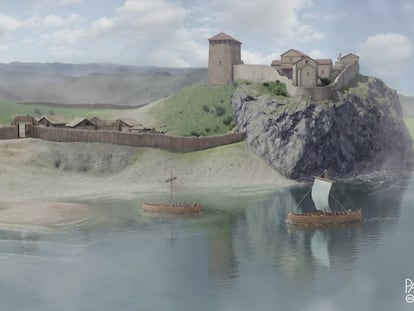 Infografía final de la reconstrucción virtual del castillo de Gauzón. Vista general del asentamiento desde el norte.