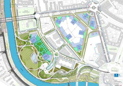 Plano del futuro parque y los dos rascacielos junto al río Manzanares.
