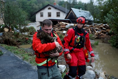 Un hombre sujeta a un gato tras ser rescatado en Jesenik (República Checa), este lunes. 