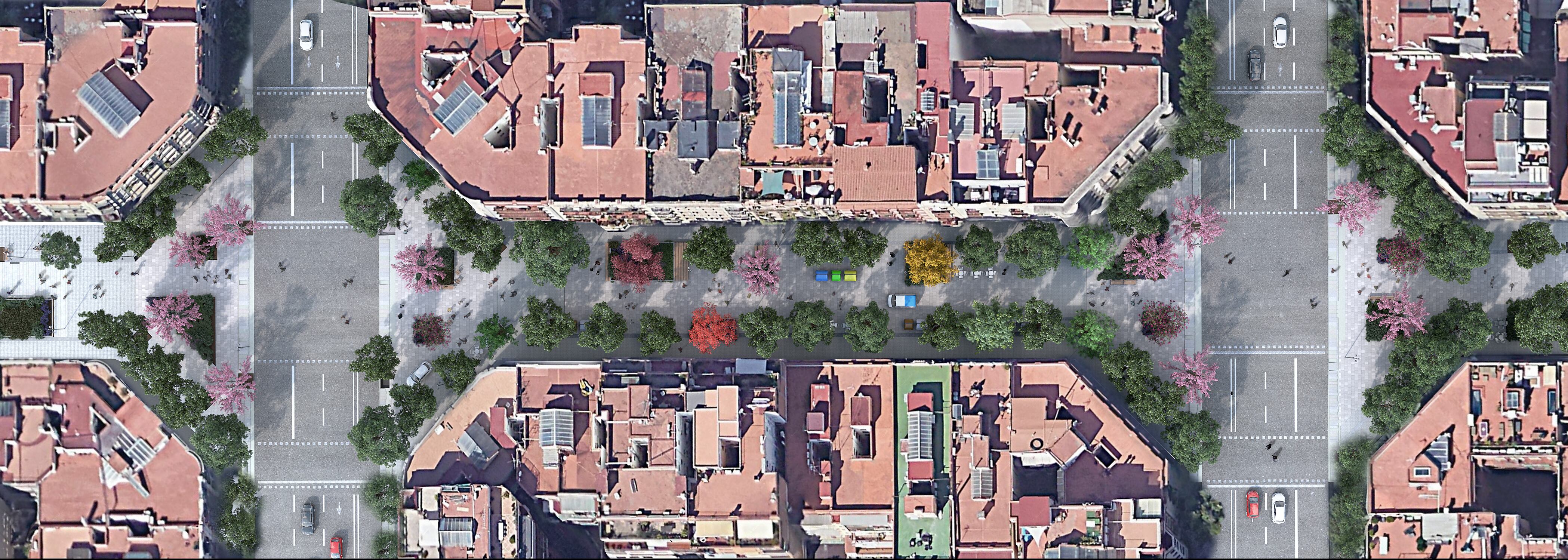 Tramo genérico de la calle de Girona, dentro del programa Superilla Barcelona, en una imagen virtual.