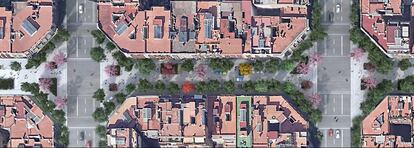 Superilla Barcelona. Tramo genérico de la calle de Girona, en una imagen virtual.