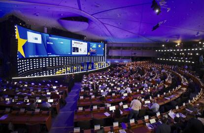 Vista del Parlamento Europeo, en Bruselas, habilitado como sala de prensa durante la jornada electoral europea.