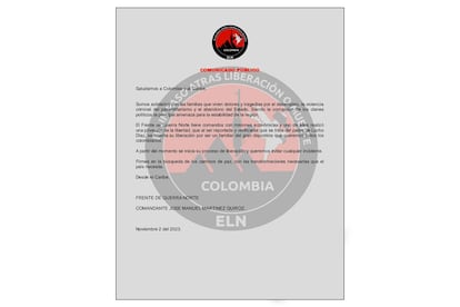 El comunicado a través del cuál el ELN se hace responsable del secuestro de Luis Manuel Díaz, este 3 de noviembre.