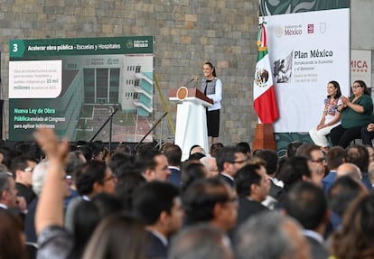 Claudia Sheinbaum durante la presentación del Plan México, el 3 de abril en el Museo Nacional de Antropología, en Ciudad de México.