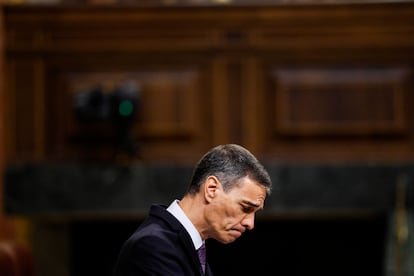 El presidente del Gobierno, Pedro Sánchez, durante su segunda intervención en el pleno del Congreso.