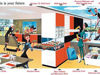 <b>La vida en la casa del futuro según Fren McNabb en 1956. Tendríamos helicópteros personales, frutas gigantes y suelos siempre libres de polvo. </b>