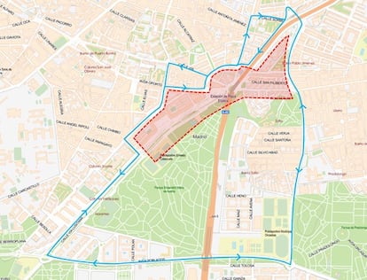 En rojo, la zona de bajas emisiones en la Plaza Elíptica.