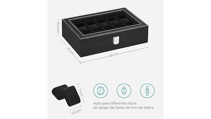 Caja organizadora de relojes sobre fondo blanco.
