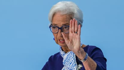 La presidenta del BCE, Christine Lagarde, durante la rueda de prensa que siguió a la reunión de tipos de julio.