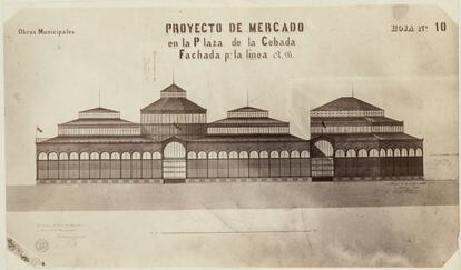 Proyecto, del que no consta fecha, de Mercado en la Plaza de la Cebada, inaugurado en 1875. Los comerciantes se opusieron, un siglo después, a que su reemplazo, el actual edificio de hormigón, dejara sitio a viviendas.