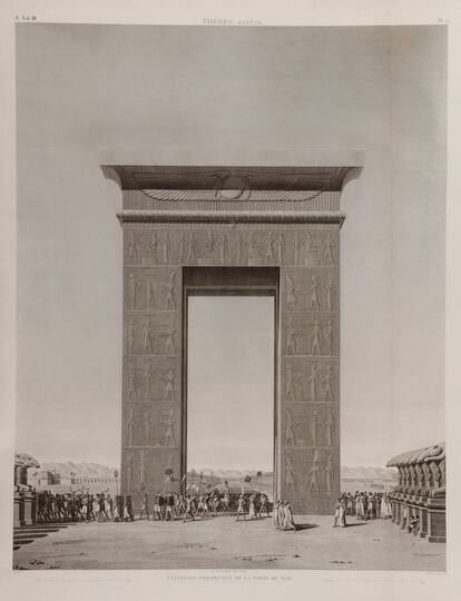 Alzado en perspectiva de la puerta sur de Tebas, grabado perteneciente a la obra 'La descripción de Egipto' (1812).