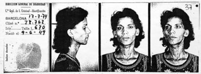 Fotos de la ficha policial de Silvia, una mujer transexual detenida por peligrosidad social en 1974.