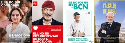 Los carteles electorales de Ada Colau, Jaume Collboni, Xavier Trias y Ernest Maragall, versionados como personas sin hogar por la Fundació Arrels.