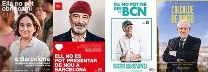 Los carteles electorales de Ada Colau, Jaume Collboni, Xavier Trias y Ernest Maragall, versionados como personas sin hogar por la Fundació Arrels.