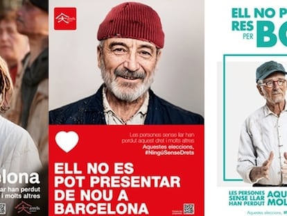 Los carteles electorales de Ada Colau, Jaume Collboni, Xavier Trias y Ernest Maragall, versionados como personas sin hogar por la Fundació Arrels.