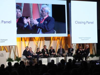 Mario Vargas Llosa en el encuentro en la Fundación Ramón Areces en Madrid.