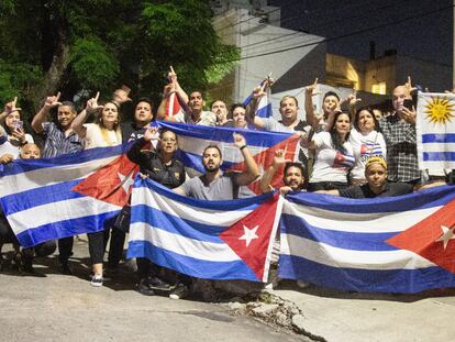 Cuban migrants gathered at the embassy to demand immigration regularization in Uruguay in March.