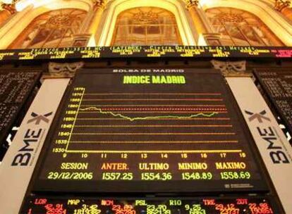 Patio de operaciones de la Bolsa de Madrid: el Ibex 35 cerró el ejercicio 2006 a 14.146,50 puntos, con una ganancia anual del 31,79%.