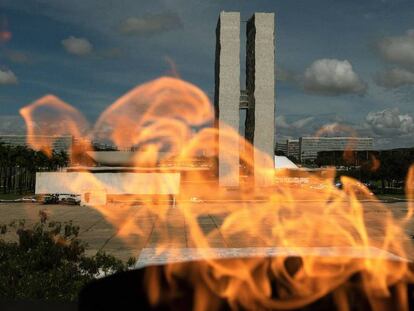 O Congresso Nacional, em Brasília, fotografado através ao fundo da chama do Panteão da Pátria.