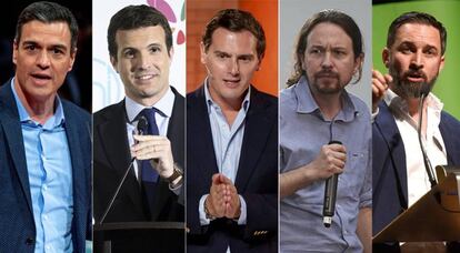 Desde la izquierda, Pedro Sánchez, Pablo Casado, Albert Rivera, Pablo Iglesias y Santiago Abascal.