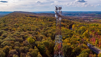 Telecommunication cellular tower on a mountain ridge in the Appalachian Mountains.