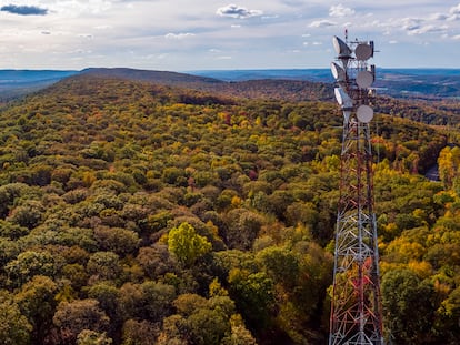 Telecommunication cellular tower on a mountain ridge in the Appalachian Mountains.