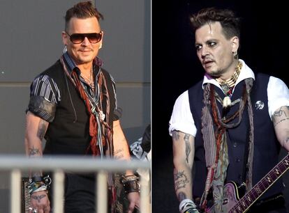 Johnny Depp, tras un concierto en Pensilvania (EE UU), el pasado 1 de julio. A la derecha, la sileta de Amber Heard en el antebrazo derecho del actor.