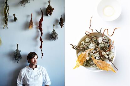 El chef danés Rasmus Kofoed, del restaurante Geranium, en Copenhague, y una de sus creaciones.