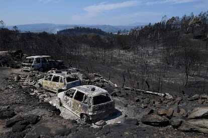 Coches quemados tras el paso de un incendio forestal cerca del pueblo de Verín (Ourense), este jueves.