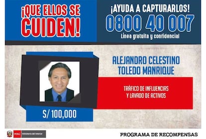 El Gobierno de Per&uacute; ifrece 30.000 d&oacute;lares de recompensa por el expresidente Alejandro Toledo.