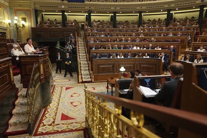 Mertxe Aizpurua, portavoz en el Congreso de EH-Bildu, durante su intervención en el debate de investidura de Feijóo.