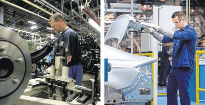 A la izquierda, un trabajador de la factoría de Ford en Saarlouis, Alemania. A la derecha, un empleado de la fábrica de Almussafes, Valencia.