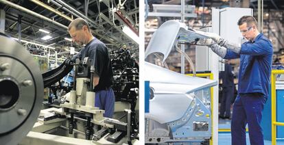 A la izquierda, un trabajador de la factoría de Ford en Saarlouis, Alemania. A la derecha, un empleado de la fábrica de Almussafes, Valencia. 