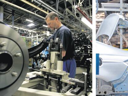 A la izquierda, un trabajador de la factoría de Ford en Saarlouis, Alemania. A la derecha, un empleado de la fábrica de Almussafes, Valencia. 