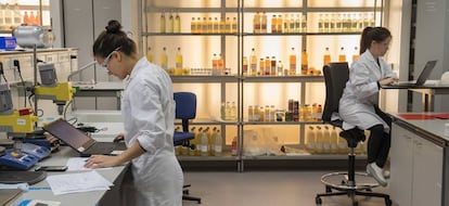 Dos científicos trabajan en el laboratorio del centro de I+D de Coca Cola en Bruselas.