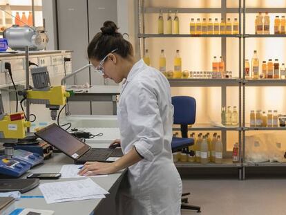 Dos científicos trabajan en el laboratorio del centro de I+D de Coca Cola en Bruselas.