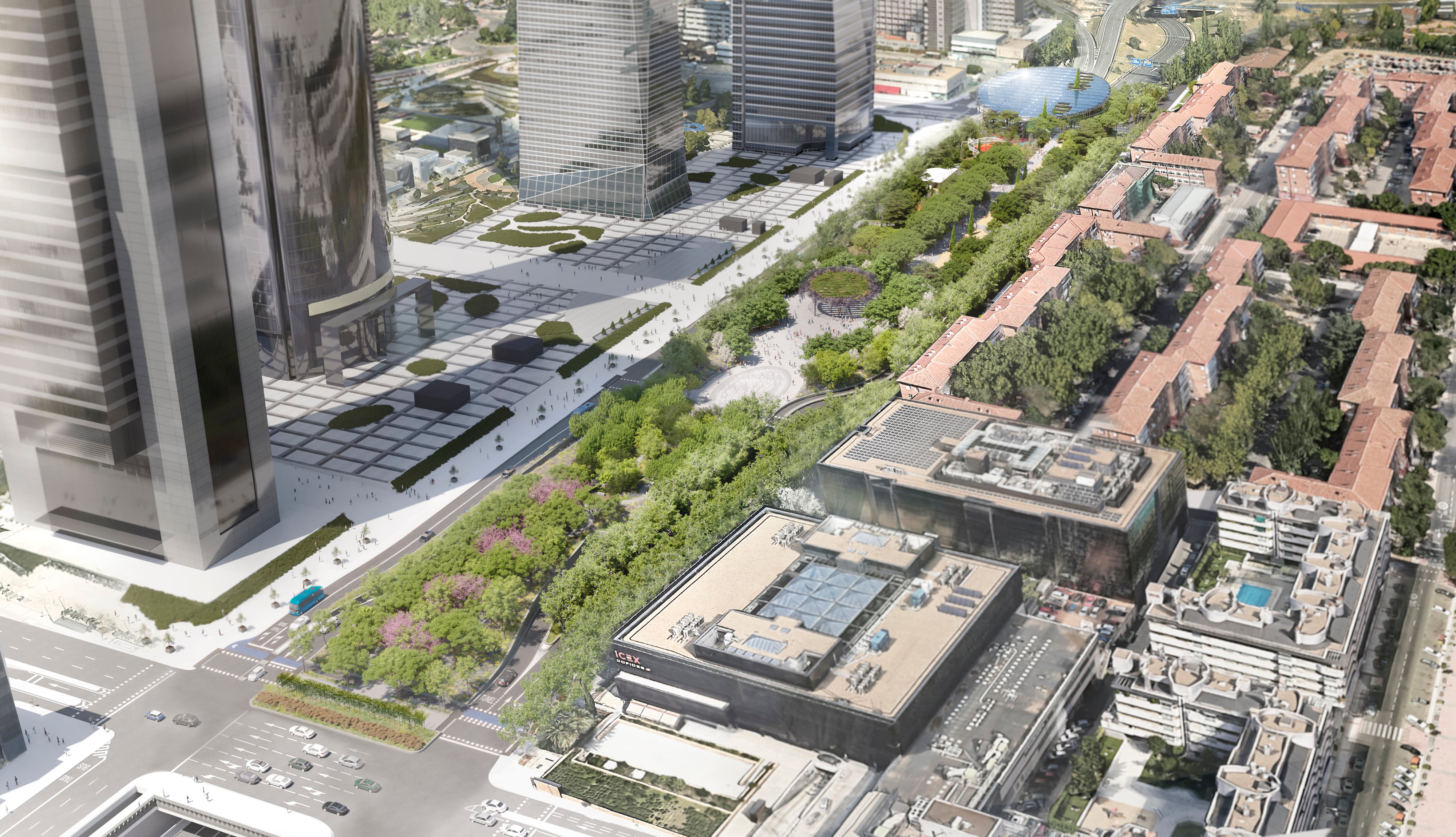 Recreación del cubrimiento del norte del eje de la Castellana. Abajo, a la derecha, la actual sede del ICEX. Imagen cedida por el Ayuntamiento de Madrid.