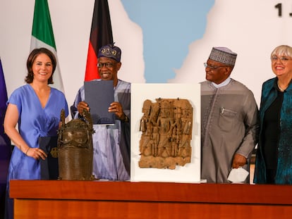 The signing of the agreement between Germany and Nigeria for the return of the Benin Bronzes, in Berlin, on July 1, 2022