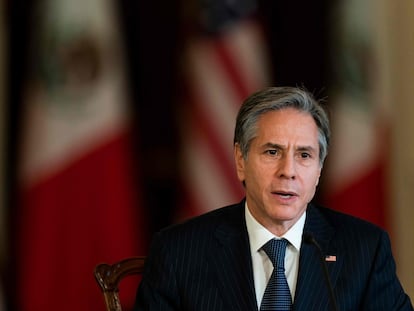 El secretario de Estado de Estados Unidos, Antony Blinken, este viernes en Washington durante una videoconferencia con autoridades mexicanas.